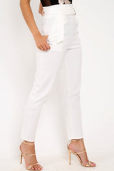 White Tapered Belted Cigarette Trousers - Myasia-Trousers