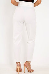 White Tapered Belted Cigarette Trousers - Myasia-Trousers