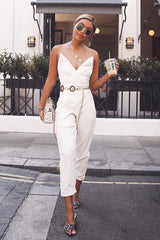 White Tapered Belted Cigarette Trousers - Myasia-Trousers