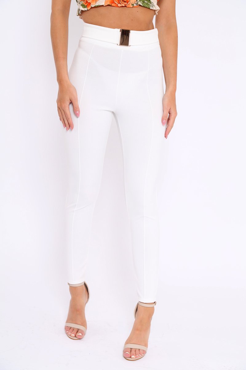 White Tapered Trousers With Gold Buckle - Zyana-Trousers
