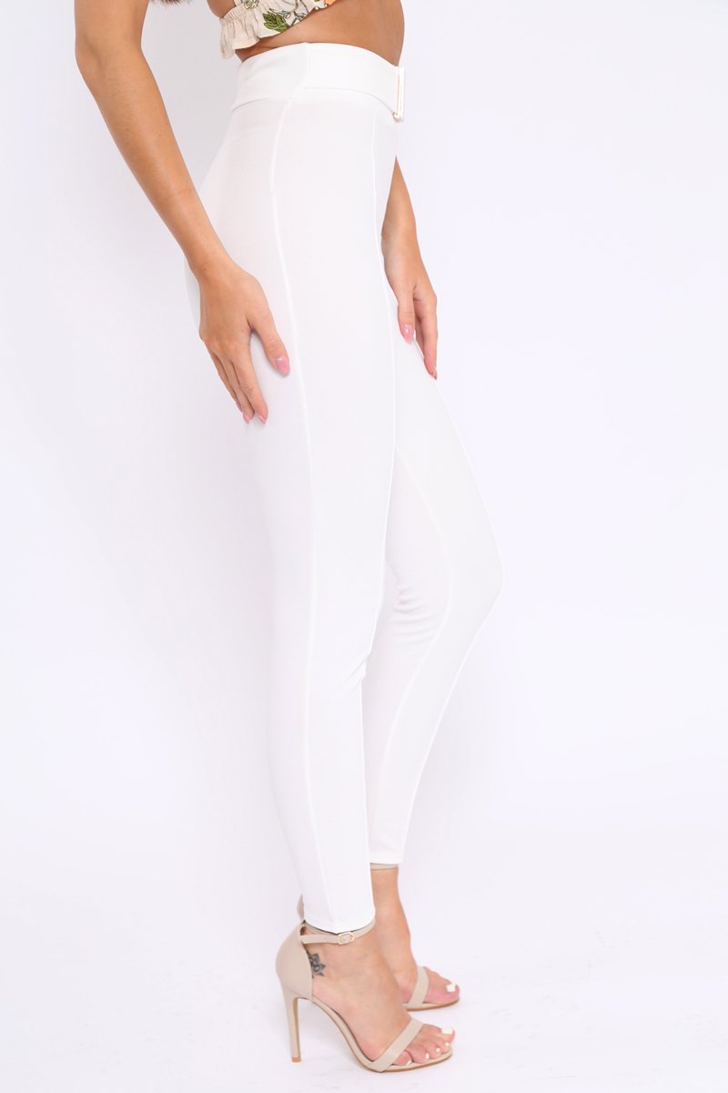 White Tapered Trousers With Gold Buckle - Zyana-Trousers
