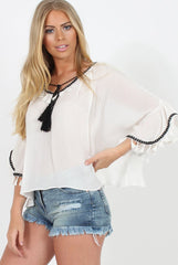 White Tassel Blouse - Maddey-Blouses