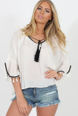 White Tassel Blouse - Maddey-Blouses