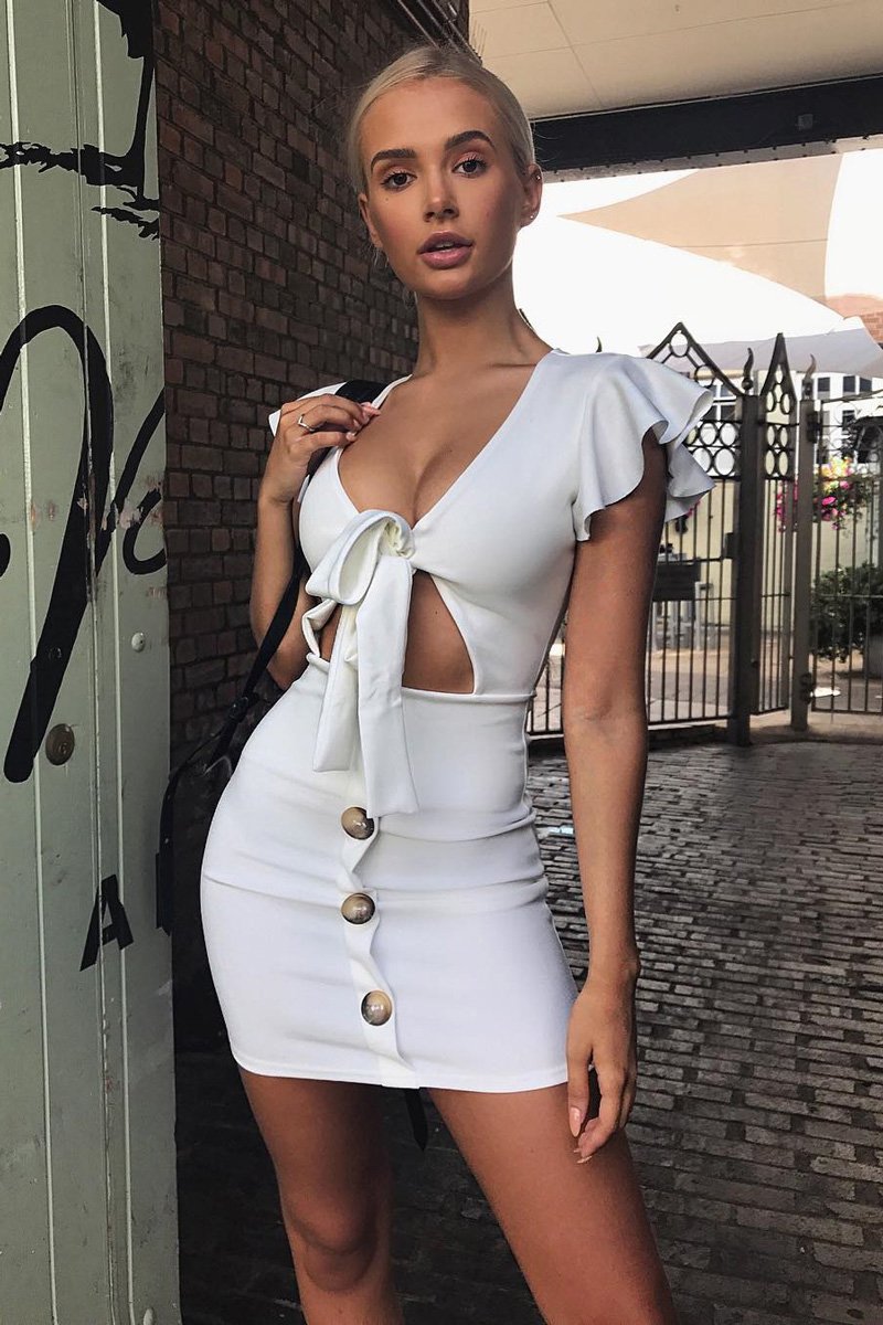 White Tie Button Front Bodycon Dress - Aaira-Dresses