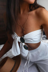 White Tie Front Bandeau Wide Leg Trouser Co-Ord - Roselia-Co-ords