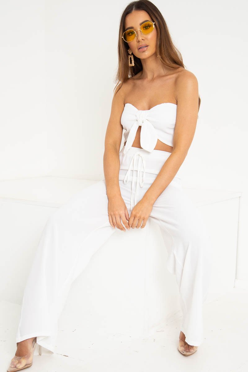 White Tie Front Bandeau Wide Leg Trouser Co-Ord - Roselia-Co-ords