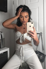 White Tie Front Bandeau Wide Leg Trouser Co-Ord - Roselia-Co-ords