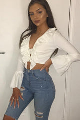 White Tie Front Bell Sleeve Crop Top - Angelina-Crop Tops