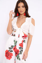 White Tie Front Cold Shoulder Crepe Crop Top - Dalia-Crop Tops