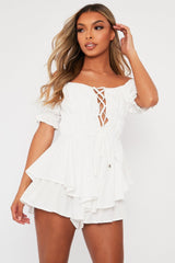 White Tie Front Frill Detail Bardot Playsuit - Cera-Playsuits