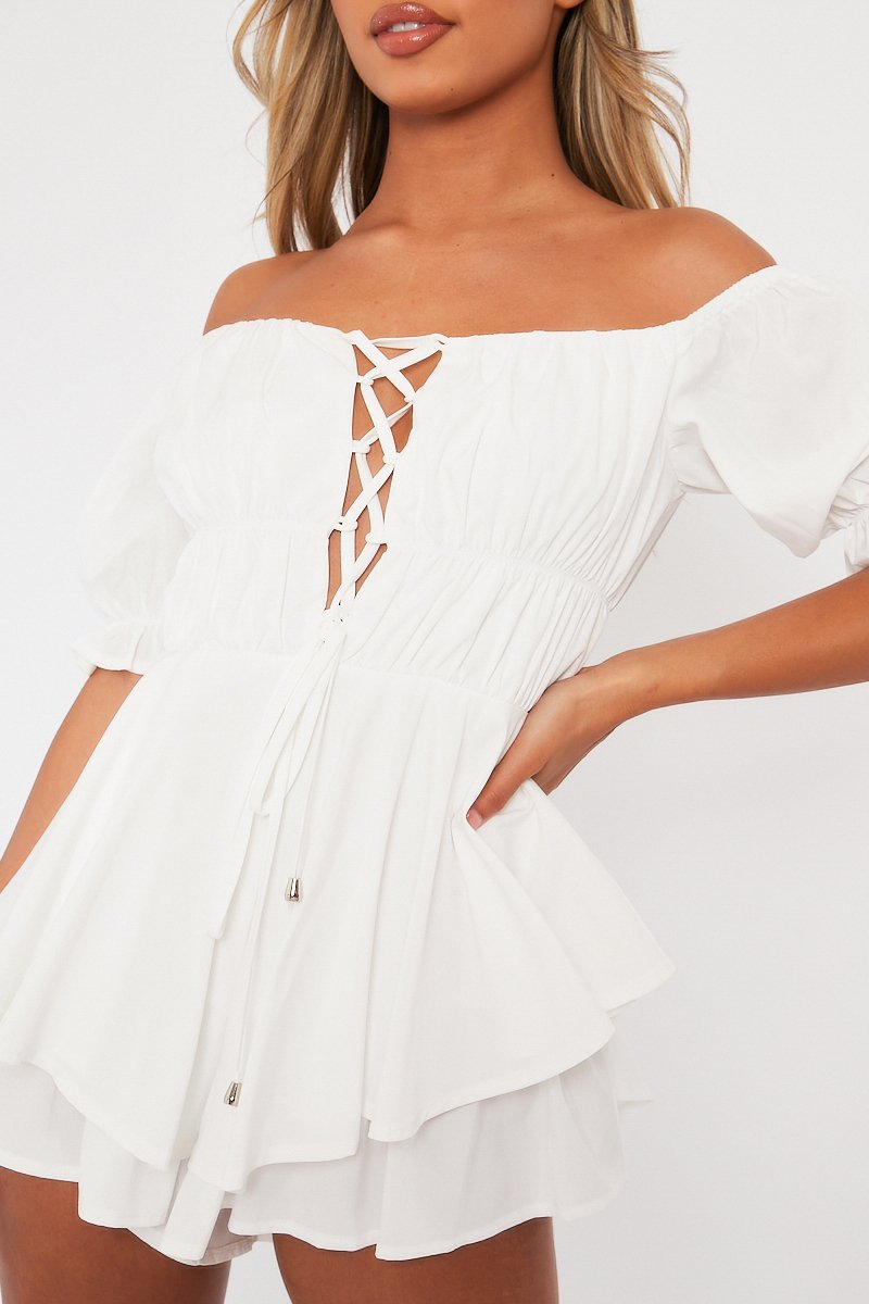 White Tie Front Frill Detail Bardot Playsuit - Cera-Playsuits