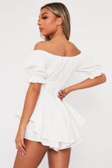 White Tie Front Frill Detail Bardot Playsuit - Cera-Playsuits