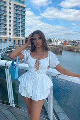 White Tie Front Frill Detail Bardot Playsuit - Cera-Playsuits