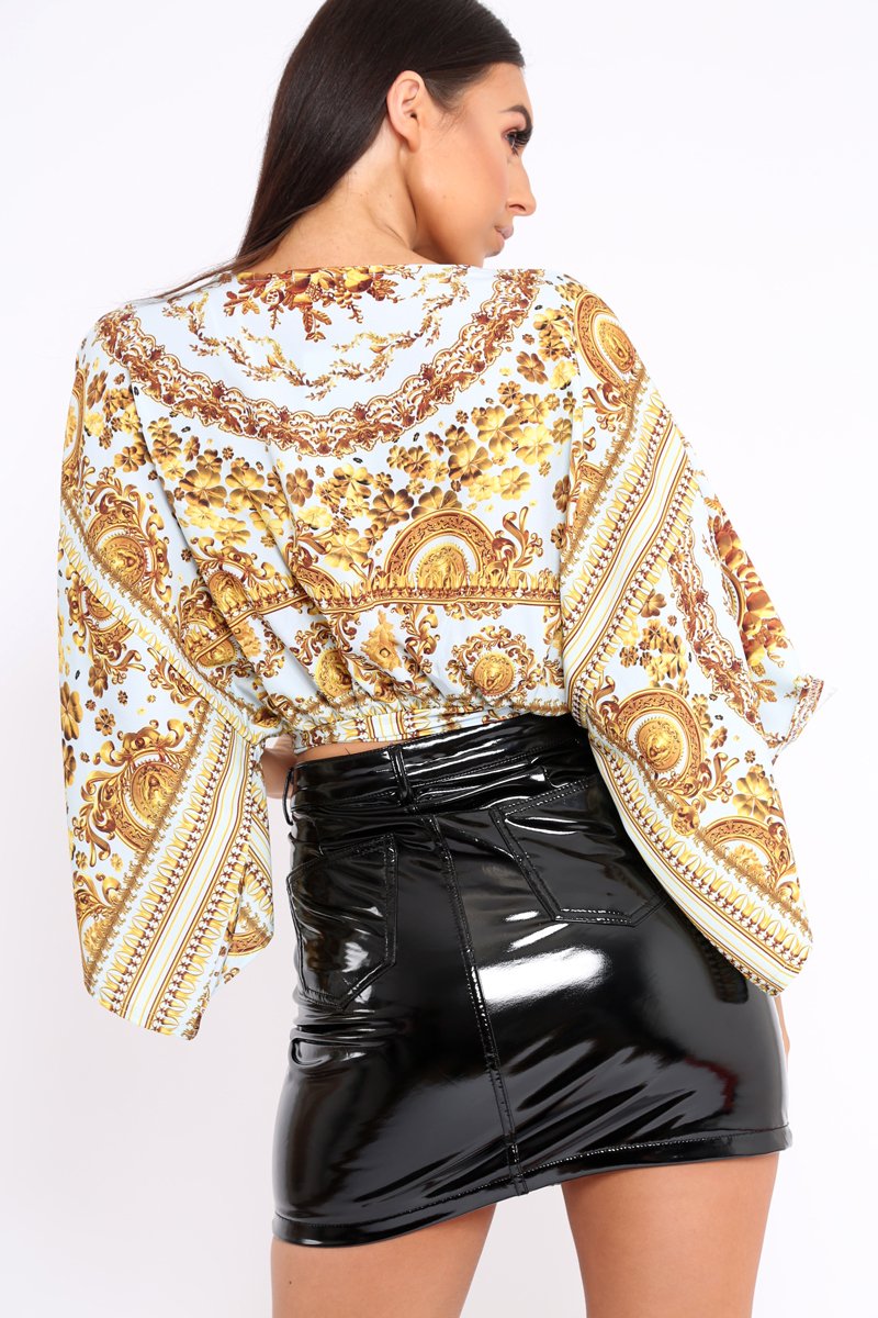 White Tie Front Kimono Sleeve Scarf Print Top - Perel-Tops