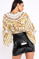 White Tie Front Kimono Sleeve Scarf Print Top - Perel-Tops