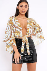 White Tie Front Kimono Sleeve Scarf Print Top - Perel-Tops