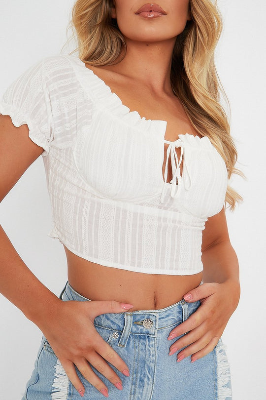 White Tie Front Short Sleeve Crop Top - Denni
