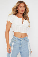 White Tie Front Short Sleeve Crop Top - Denni-Crop Tops
