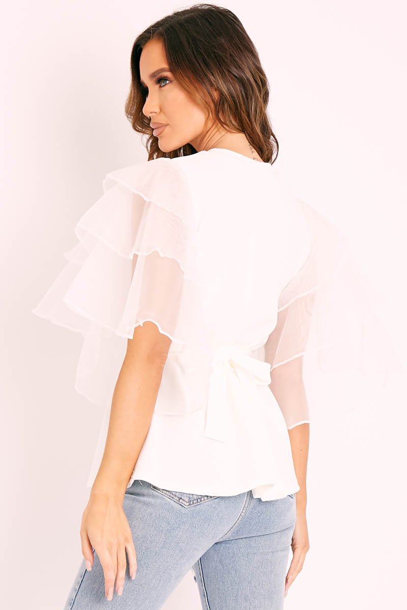 White Tiered Sleeve Belted Waist Top - Ellise-Tops