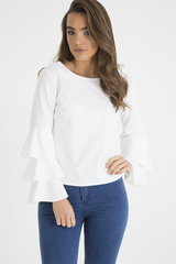 White Triple Frill Sleeve Top - Clara-Tops