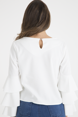 White Triple Frill Sleeve Top - Clara-Tops