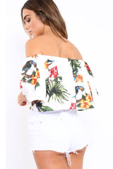 White Tropical Print Bardot Top - Monie-Tops