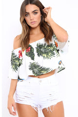 White Tropical Print Bardot Top - Monie-Tops