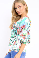 White Tropical Print Ruffle Sleeve Wrapover Top - Susie-Tops