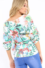 White Tropical Print Ruffle Sleeve Wrapover Top - Susie-Tops