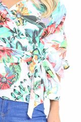 White Tropical Print Ruffle Sleeve Wrapover Top - Susie-Tops