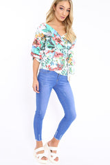 White Tropical Print Ruffle Sleeve Wrapover Top - Susie-Tops