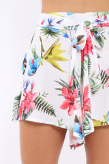 White Tropical Print Tie Waist Shorts - Tabby-Shorts