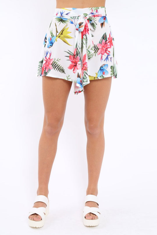 White Tropical Print Tie Waist Shorts - Tabby