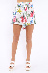 White Tropical Print Tie Waist Shorts - Tabby-Shorts