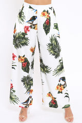 White Tropical Print Wide Leg Trousers - Yasmine-Trousers