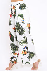 White Tropical Print Wide Leg Trousers - Yasmine-Trousers