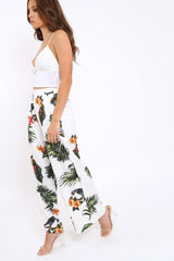 White Tropical Print Wide Leg Trousers - Yasmine-Trousers