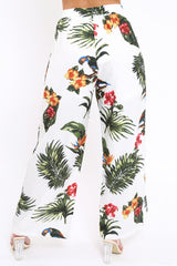 White Tropical Print Wide Leg Trousers - Yasmine-Trousers