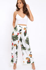 White Tropical Print Wide Leg Trousers - Yasmine-Trousers