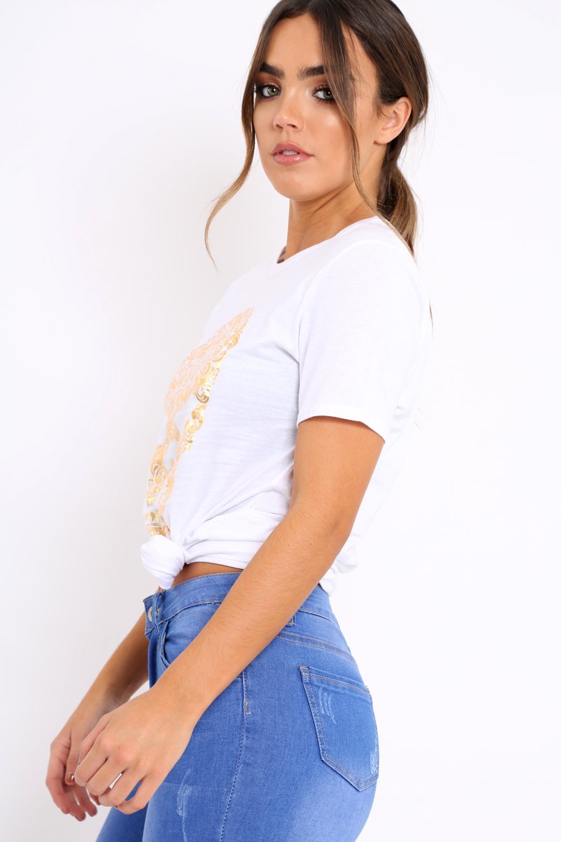 White Tshirt with Gold Skull Print - Brook-Tops