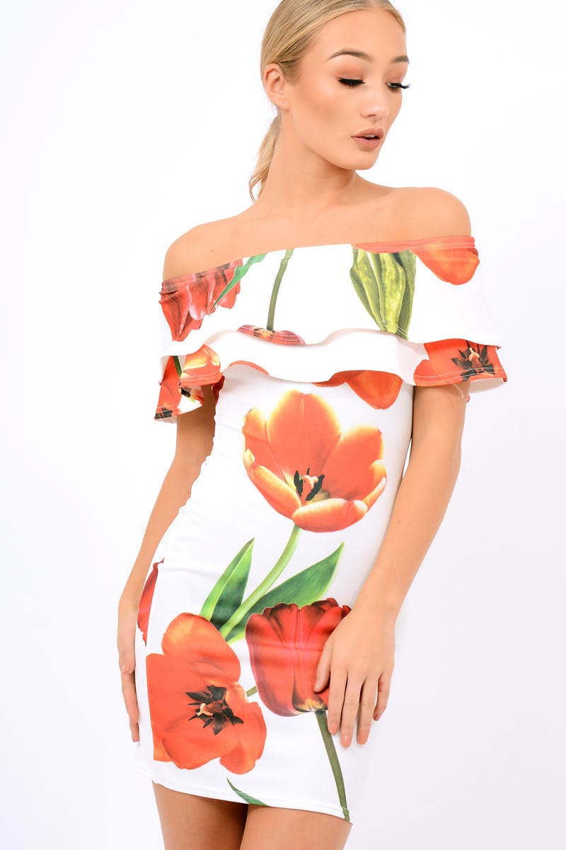 White Tulip Bardot Bodycon Dress - Kelis-Dresses