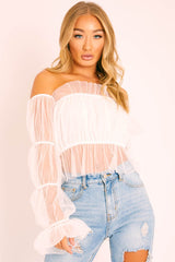 White Tulle Mesh Bardot Crop Top - Gemini-Crop Tops