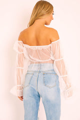 White Tulle Mesh Bardot Crop Top - Gemini-Crop Tops