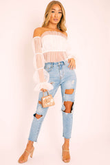 White Tulle Mesh Bardot Crop Top - Gemini-Crop Tops