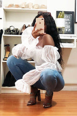 White Tulle Mesh Bardot Crop Top - Gemini-Crop Tops