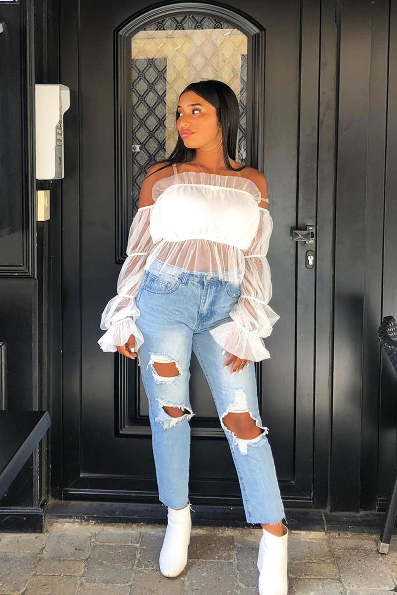 White Tulle Mesh Bardot Crop Top - Gemini-Crop Tops