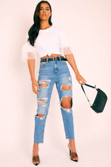 White Tulle Ruffle Sleeve T-shirt - Blythe-T-shirt