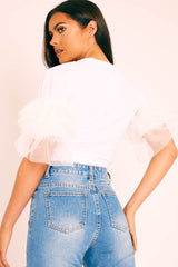 White Tulle Ruffle Sleeve T-shirt - Blythe-T-shirt