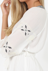 White V Neck Embroidered Playsuit- Jess-Playsuits
