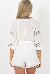 White V Neck Embroidered Playsuit- Jess-Playsuits